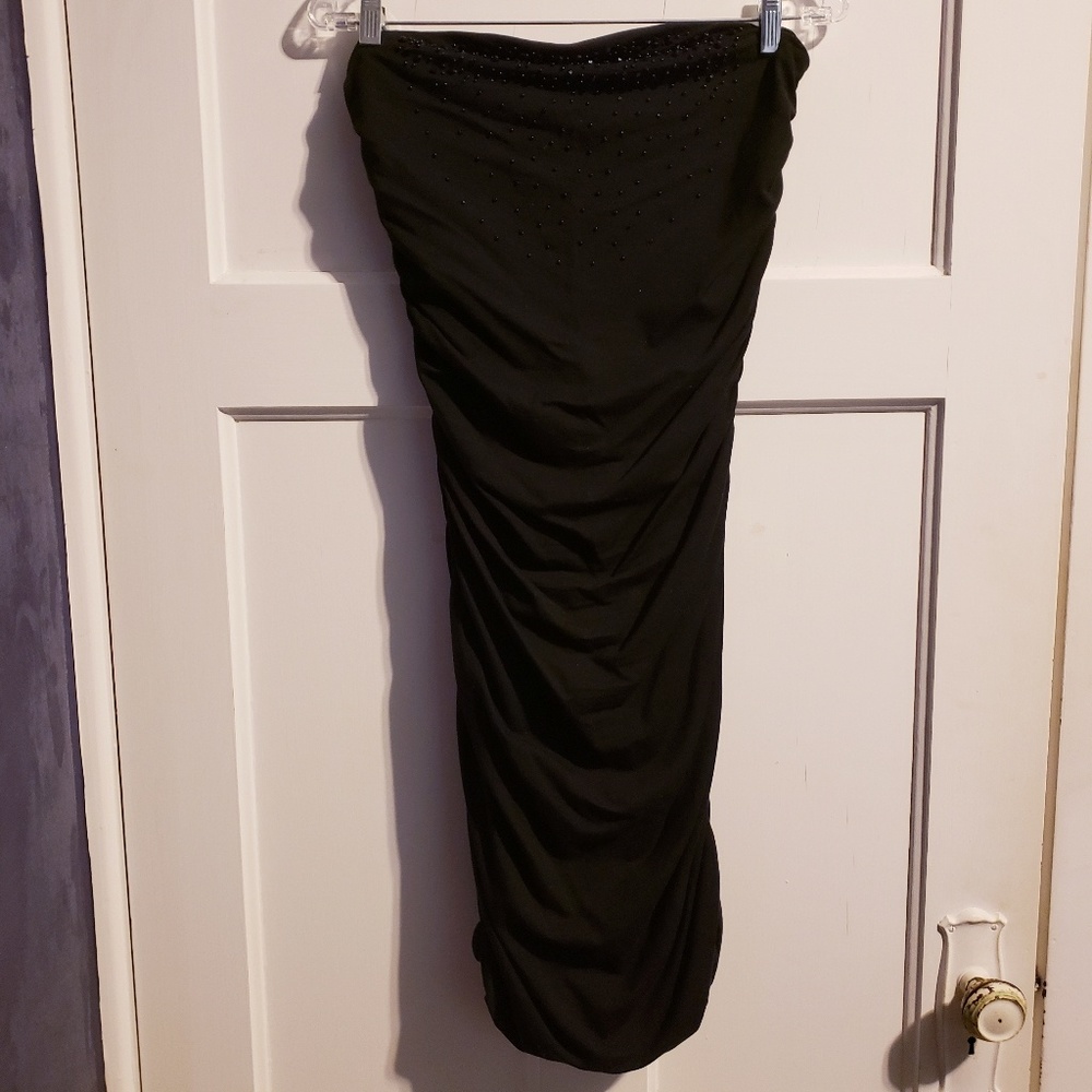 Strapless ruched black dress with beaded chest EUC
